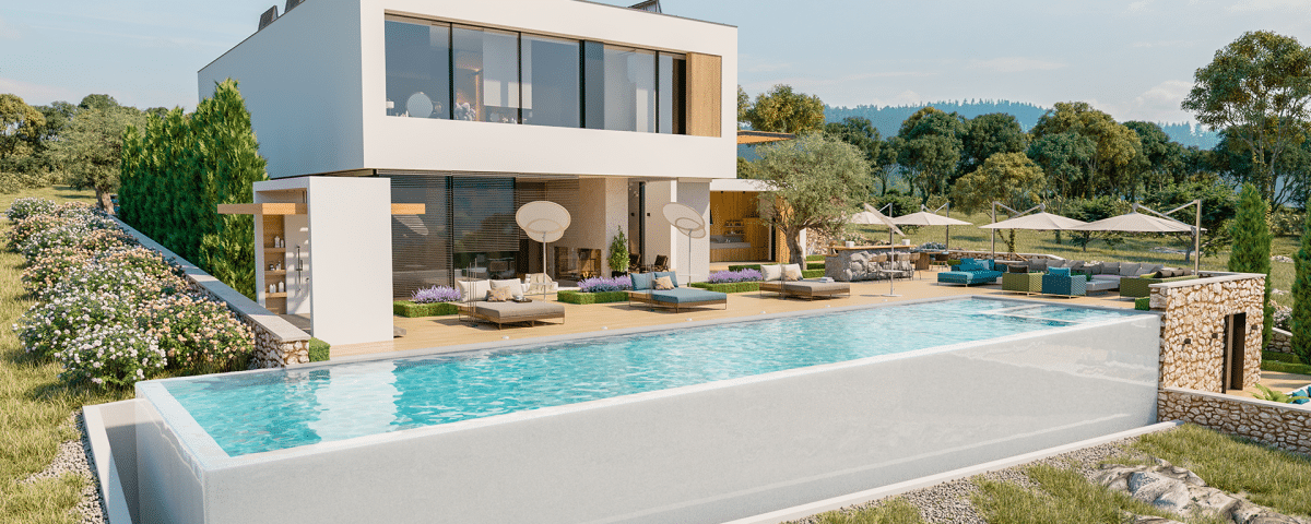 A contemporary villa featuring a sleek design and a sparkling swimming pool in the foreground.