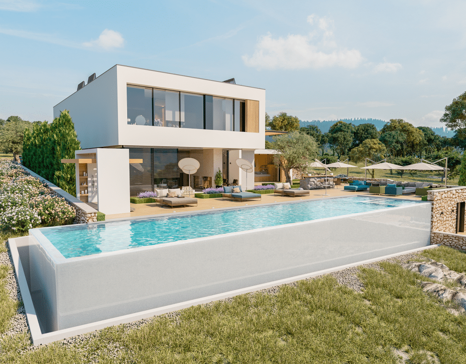 A contemporary villa featuring a sleek design and a sparkling swimming pool in the foreground.