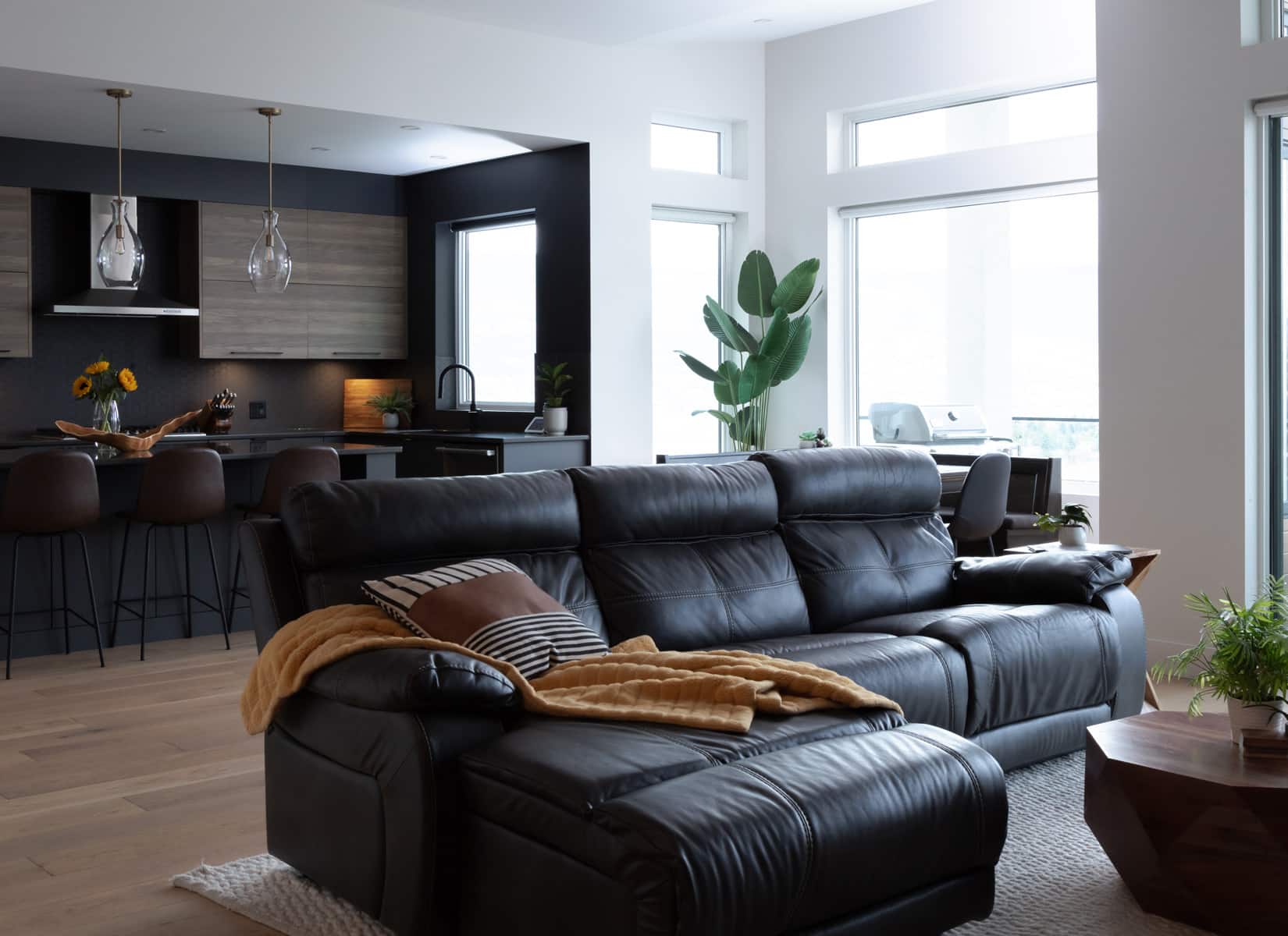 Modern living room featuring sleek black leather furniture, complemented by minimalist decor and natural light.