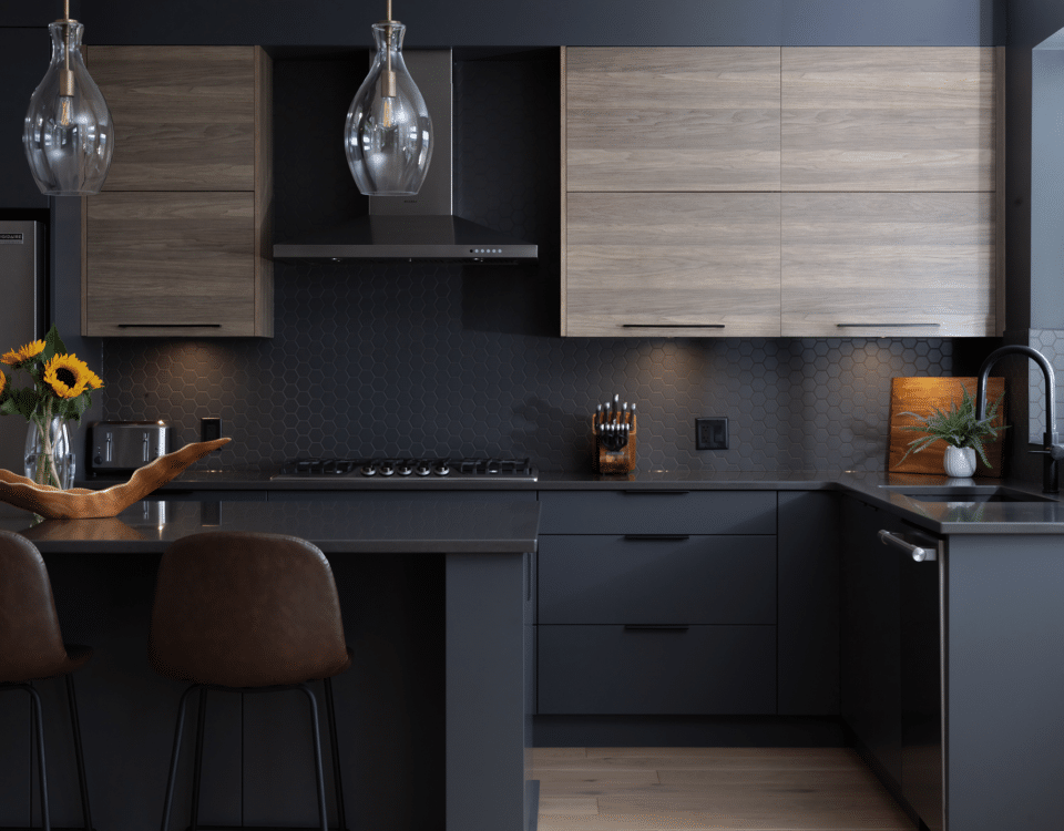 A modern kitchen featuring dark wood cabinets and a sleek black countertop, creating a stylish and elegant atmosphere.