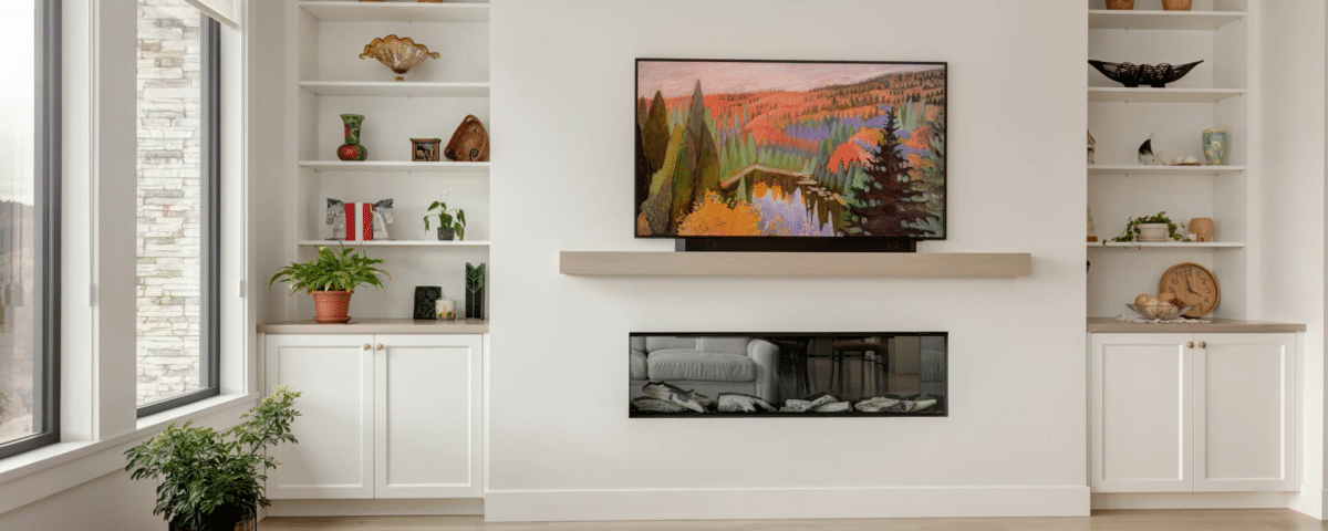 A modern living room featuring white walls, a cozy fireplace, and contemporary furniture arranged for comfort and style.