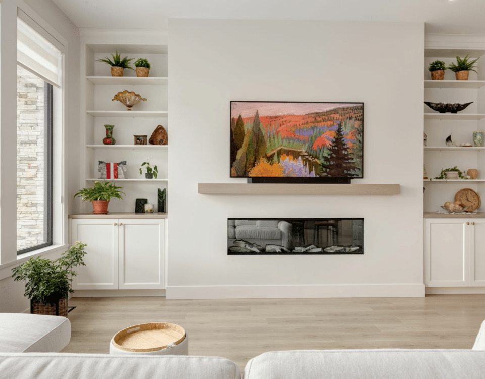 A modern living room featuring white walls, a cozy fireplace, and contemporary furniture arranged for comfort and style.